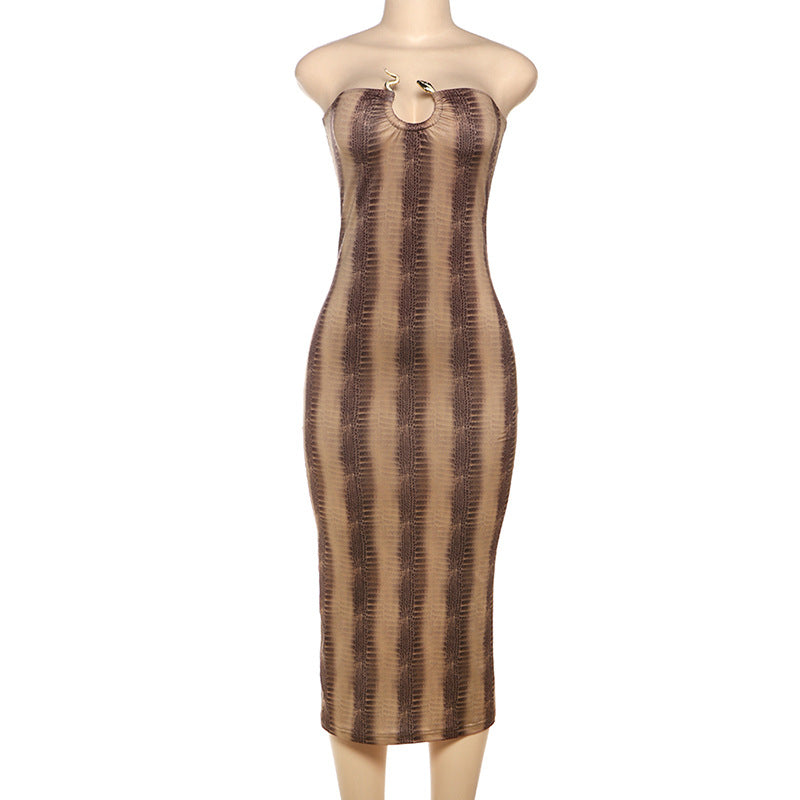 Damen Midikleid mit raffiniertem Schlangenprint und schulterfreiem Design EB