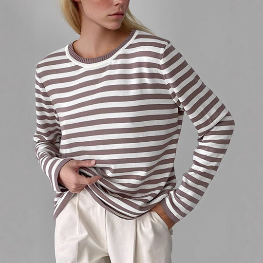Damen gestreifter Langarmpullover mit Rundhalsausschnitt und lässigem Schnitt EB