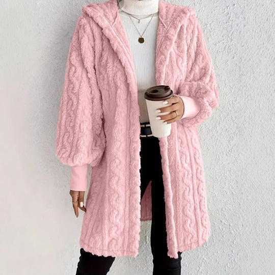 Damen Flauschige Oversized-Strickjacke mit Kapuze und Eingrifftaschen EB