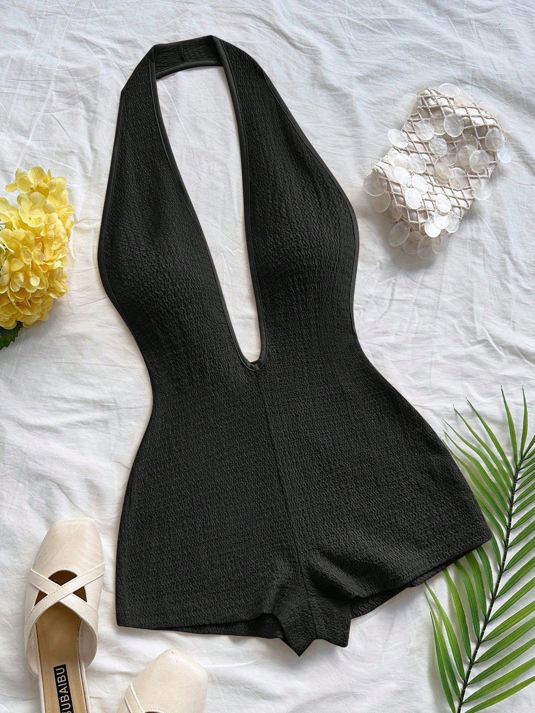 Damen Bodysuit mit tiefem V-Ausschnitt und strukturierter Oberfläche EB
