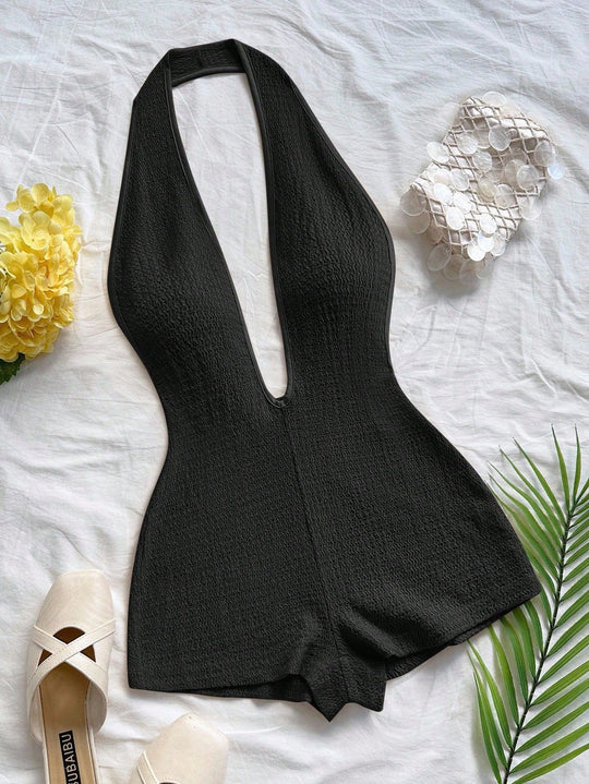 Damen Bodysuit mit tiefem V-Ausschnitt und strukturierter Oberfläche EB