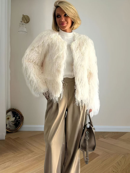 Damen Modische Kunstpelzjacke mit voluminösen Ärmeln EB