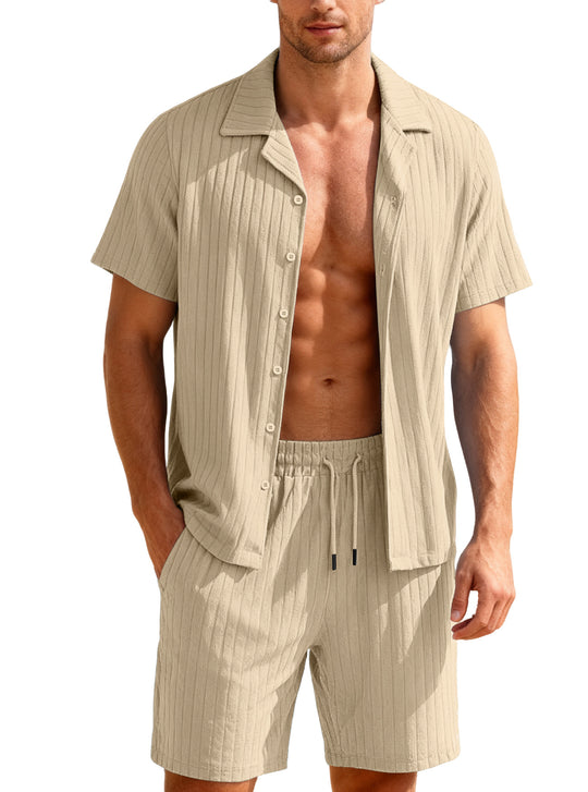Herren nan geripptes Feinstrick-Lounge-Set mit kurzärmligem Revershemd und Kordelshorts EB