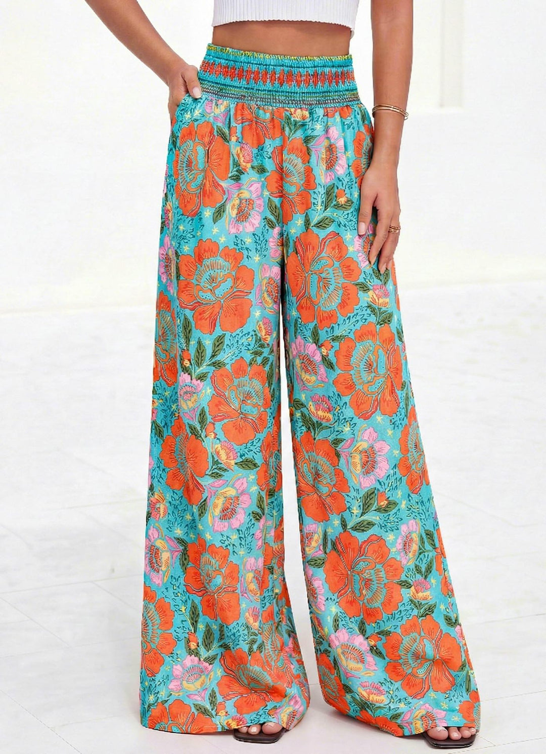 Damen luftige Palazzo-Hose mit floralen Mustern und elastischem Bund EB