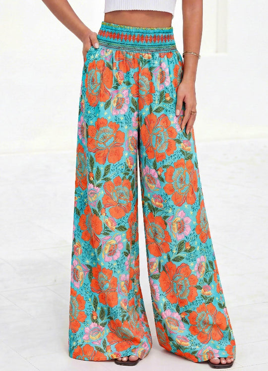 Damen luftige Palazzo-Hose mit floralen Mustern und elastischem Bund EB