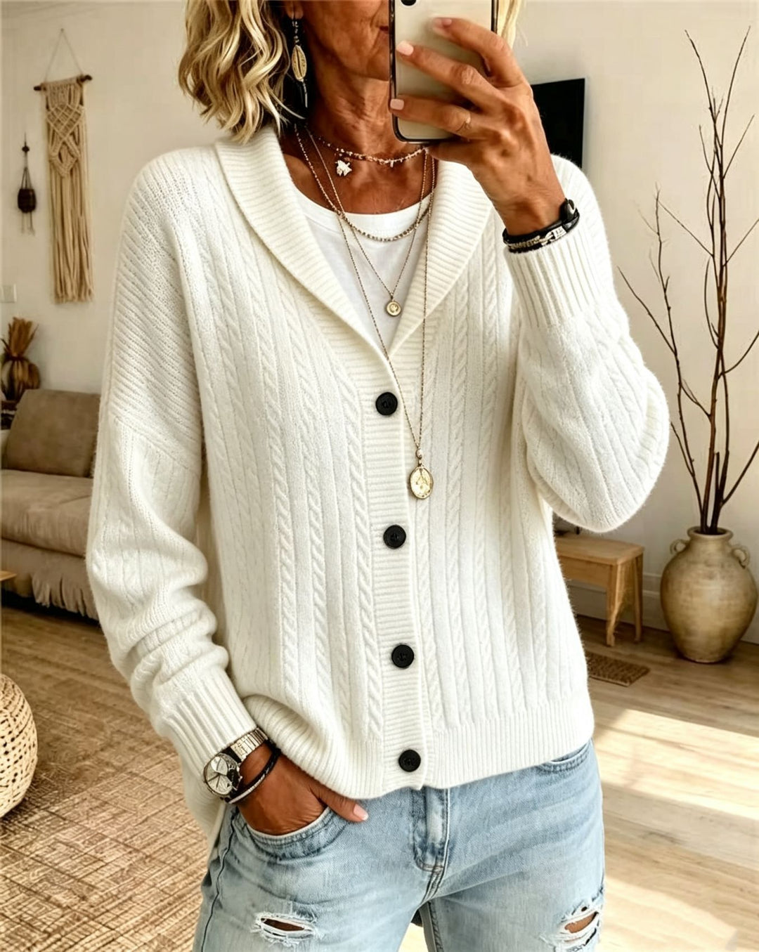 Damen Langer Schalkragen-Cardigan aus Zopfmuster mit gerippten Bündchen EB