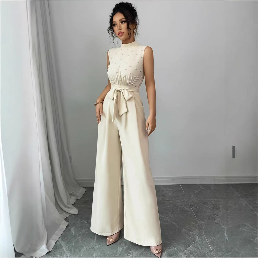 Damen Eleganter Jumpsuit mit Perlenbesatz, Stehkragen und weitem Palazzo-Bein EB