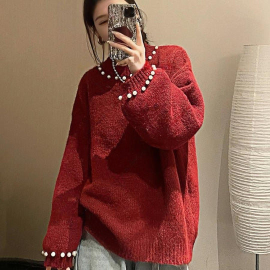 Damen Eleganter Pullover mit Perlendesign und lässigem Schnitt EB