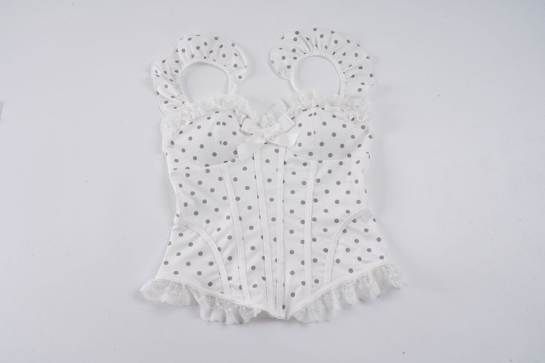 Damen Spitzen-Corsage mit verspieltem Punktdesign und Rüschendetails EB