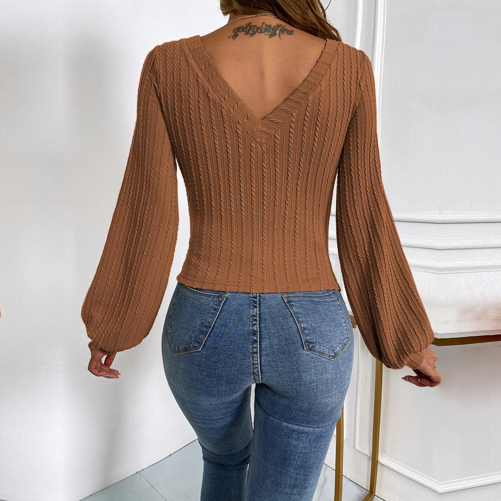 Damen figurbetontes Rippstrick-Bodyshirt mit V-Ausschnitt und Ballonärmeln Eichborn Berlin