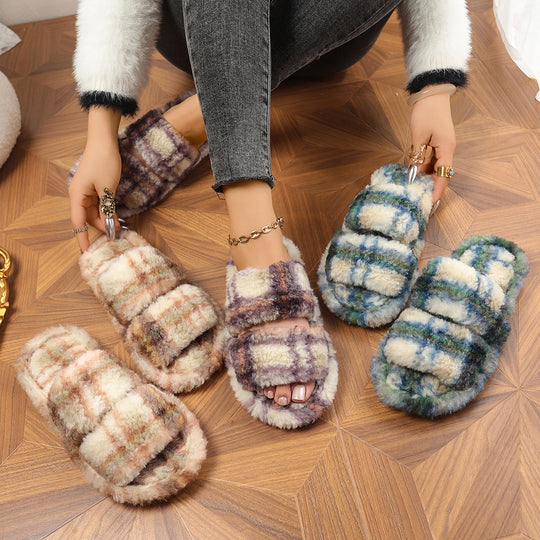 Damen bequeme Hausschuhe aus flauschigem Material mit doppeltem Riemen EB