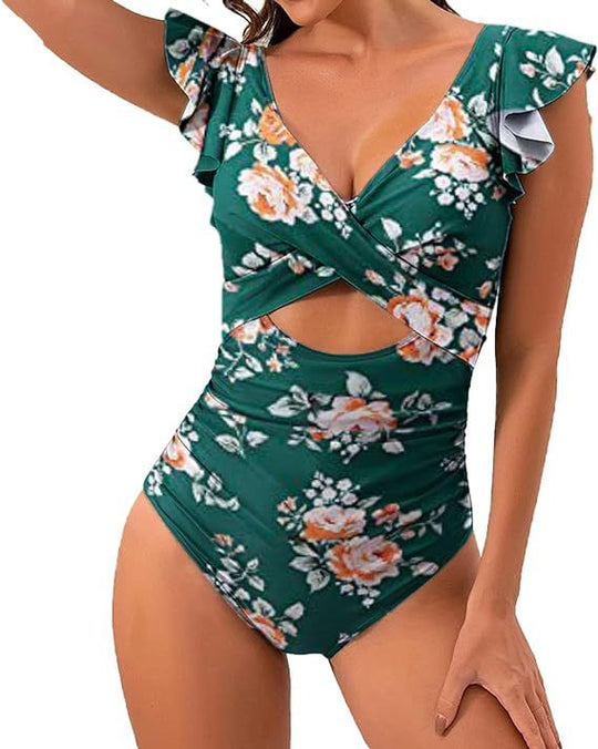 Damen Floral Badeanzug mit schmeichelnder Raffung EB