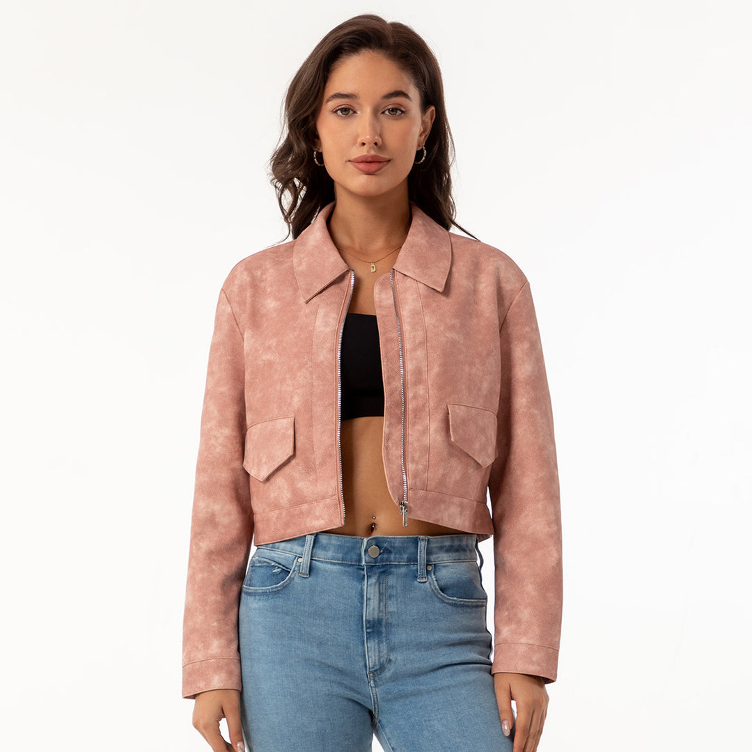Damen modische cropped Kunstlederjacke mit klassischem Wellenkragen EB