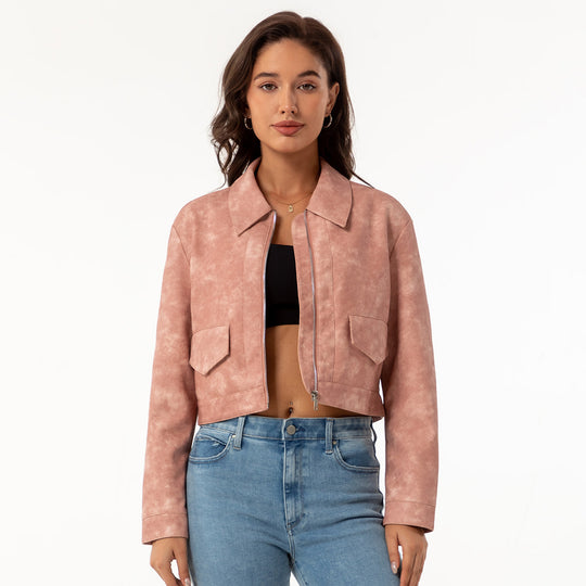 Damen modische cropped Kunstlederjacke mit klassischem Wellenkragen EB