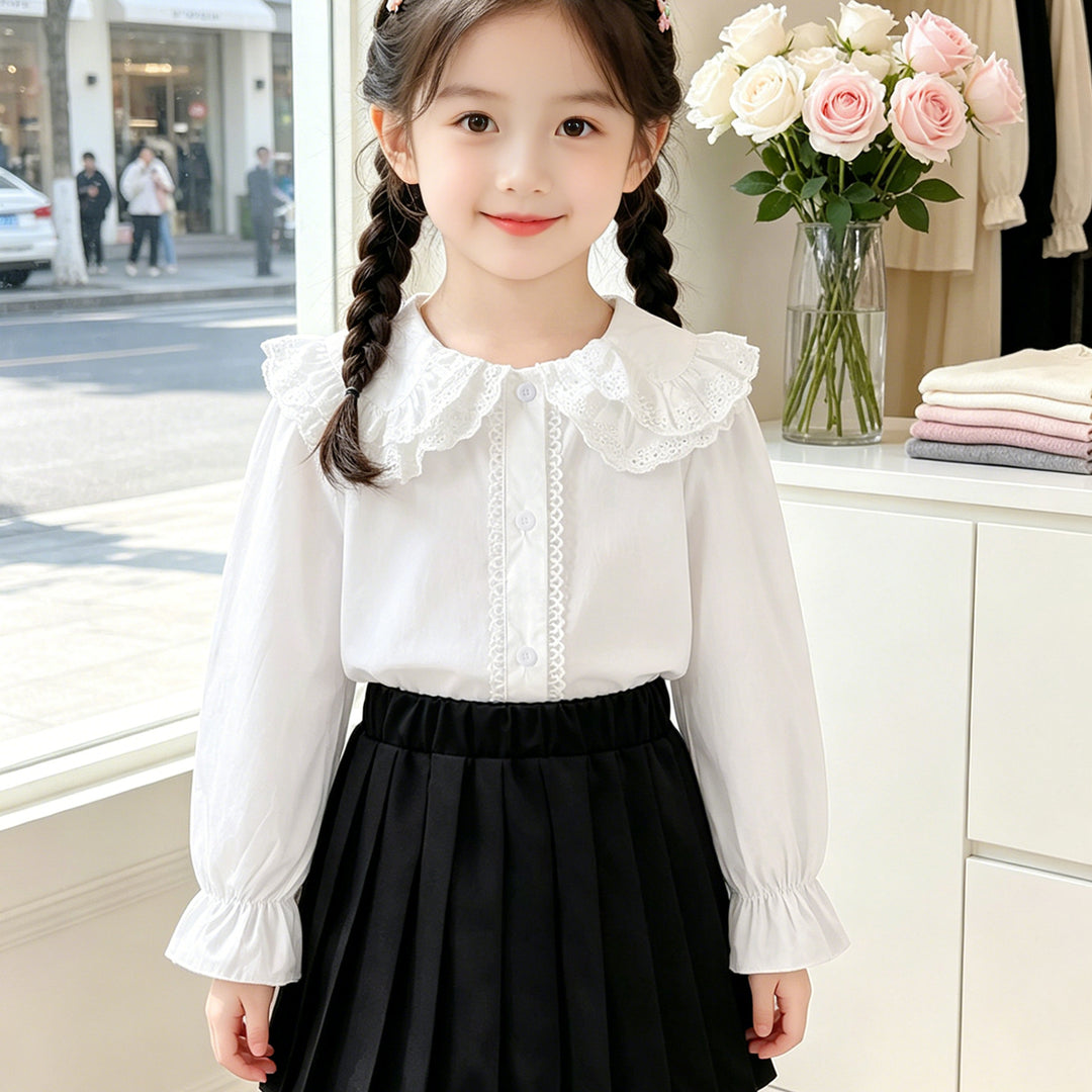 Mädchen Bluse mit voluminösem Spitzenkragen und Rüschendetails EB