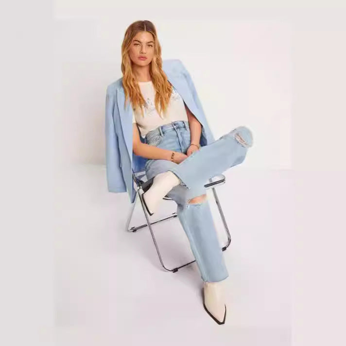 Damen High-Waist Jeans mit fransigem Saum und modischen Rissdetails EB
