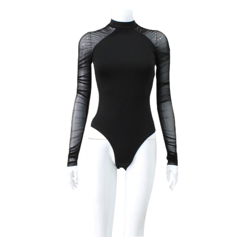 Damen Body mit transparenten Ärmeln und modernem Stehkragen EB