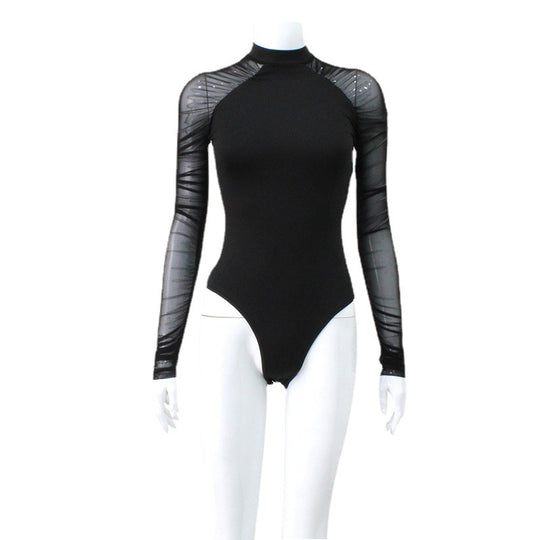 Damen Body mit transparenten Ärmeln und modernem Stehkragen EB