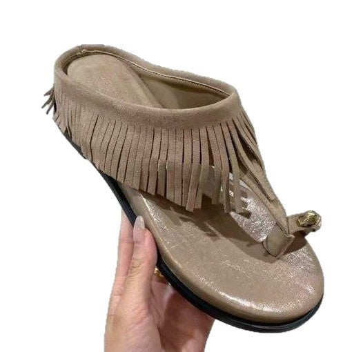 Damen elegante Flip-Flops mit fransiger Lederoptik und komfortablem Fußbett EB