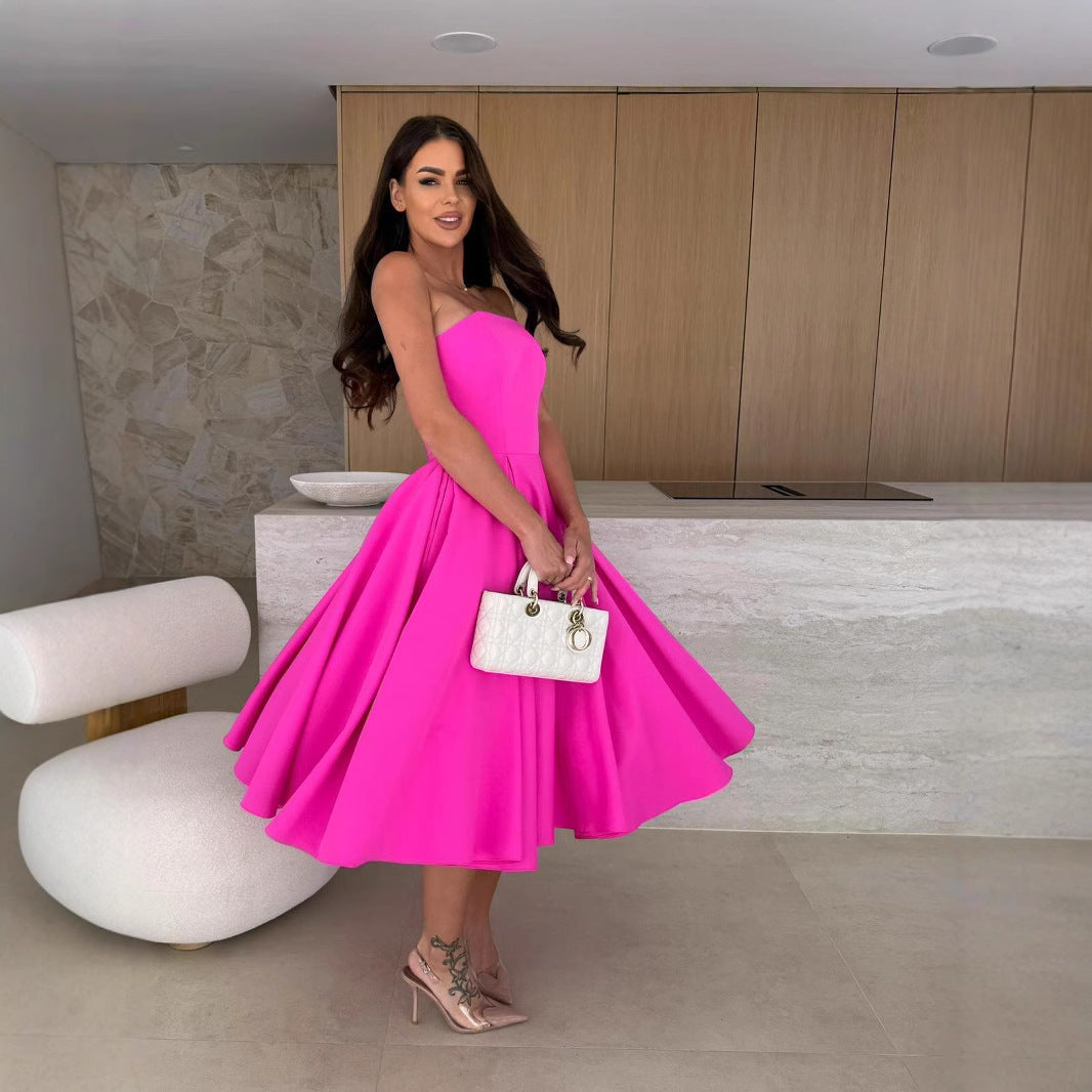 Damen A-linien Cocktailkleid mit trägerlosem Schnitt und schwingendem Rock EB