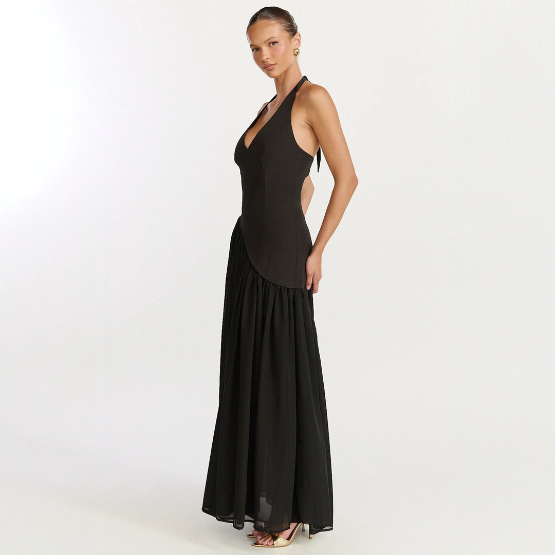 Damen Maxikleid mit tiefem V-Ausschnitt und asymmetrischem Rock EB