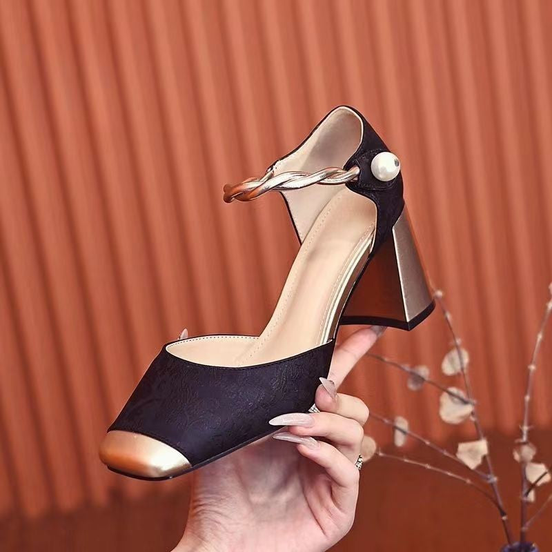 Damen nan elegante Slingback-Pumps mit quadratischer Zehenform, Jacquard-Obermaterial und gedrehtem Schmuckriemen EB