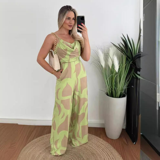 Damen Jumpsuit mit elegantem Wasserfall-Ausschnitt und weitem Bein EB