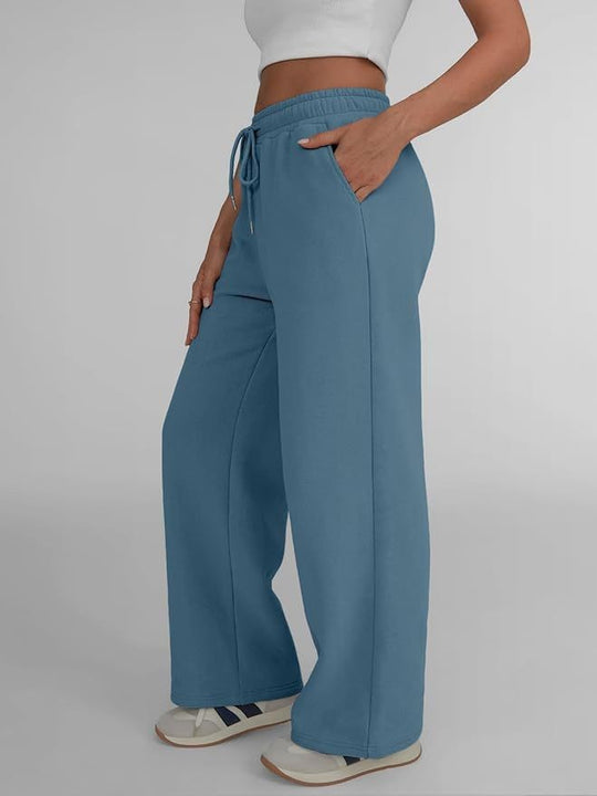 Damen nan weite Loungehose mit hohem Elastikbund, verstellbarem Kordelzug und fließender Palazzosilhouette EB