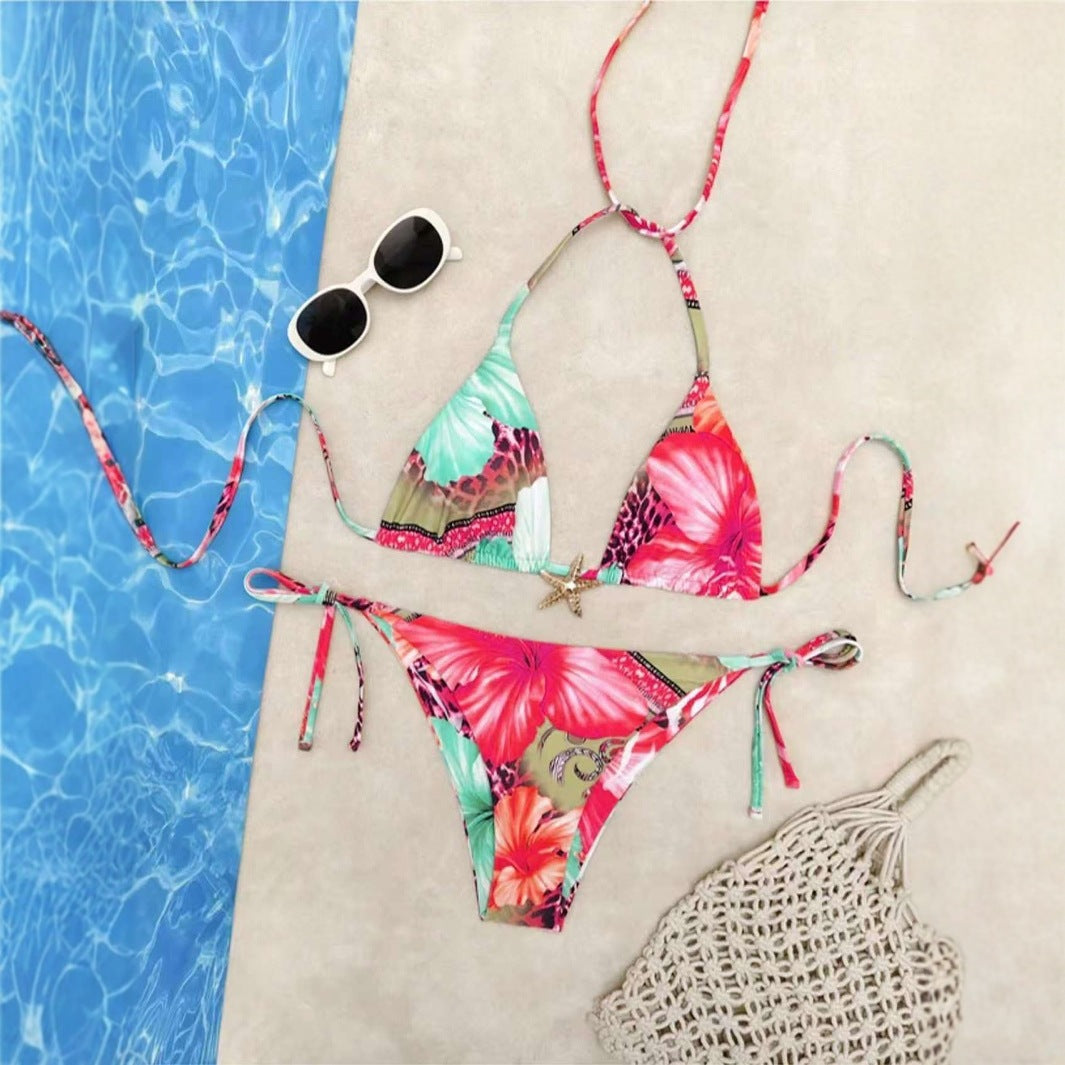 Damen Triangel-Bikini mit floralem Design und verstellbaren Bändern EB