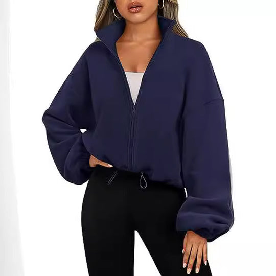 Damen Oversized Sweatjacke mit halbem Reißverschluss und Kordelzug EB