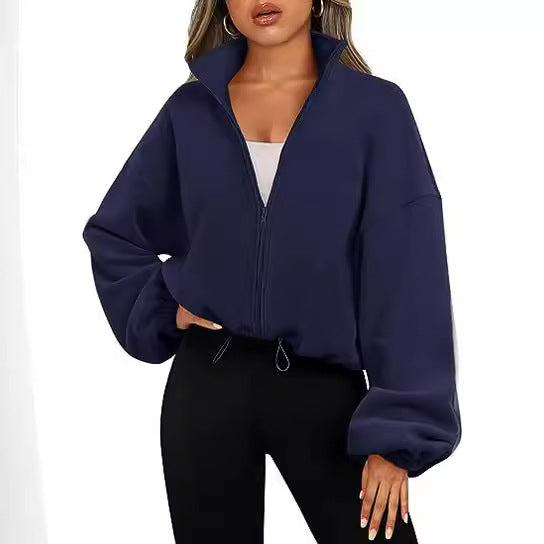 Damen Zip-Hoodie mit hohem Kragen und kontrastierenden Ärmeln EB
