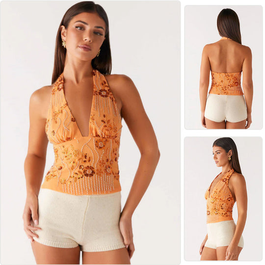 Damen Haltertops mit floralem Design und schimmernden Applikationen EB
