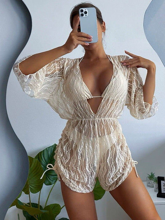 Damen Transparente Strandjacke mit voluminösen Ärmeln und raffiniertem Rückendetail EB