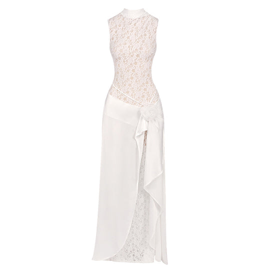 Damen Elegantes Hochzeitskleid mit Spitze und schwingendem Rock EB