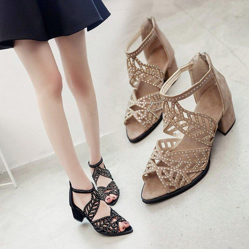 Damen Glamouröse Strass-Sandalen mit Blockabsatz EB