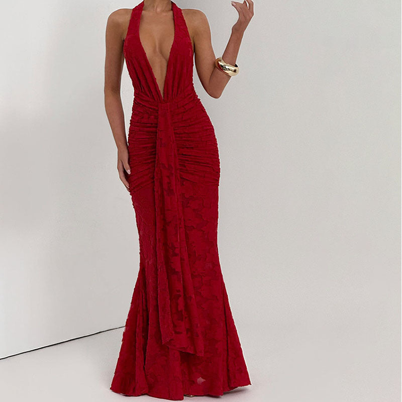 Damen Elegantes, figurbetontes Abendkleid mit tiefem V-Ausschnitt und Rüschendetails EB
