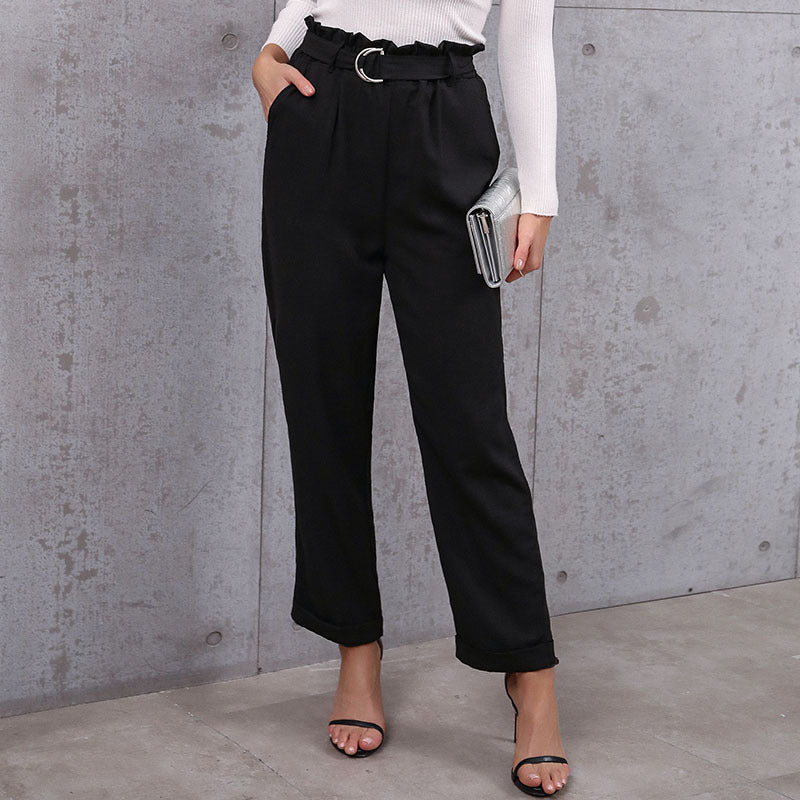 Damen elegante High-Waist-Hose mit Bindegürtel und weit geschnittenem Bein EB