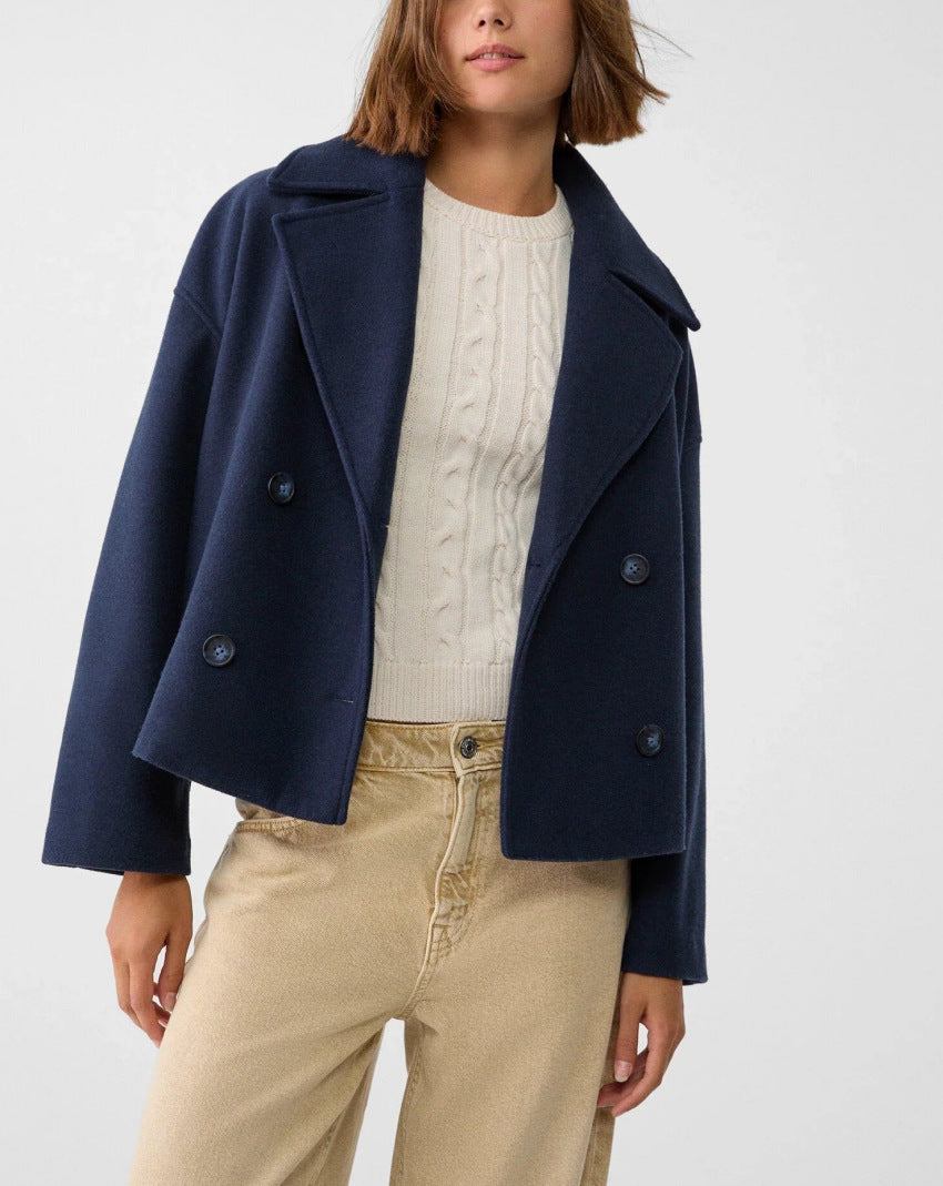 Damen nan kurz geschnittener Zweireiher Wollmix-Peacoat mit überbreitem Revers und kastiger Silhouette EB