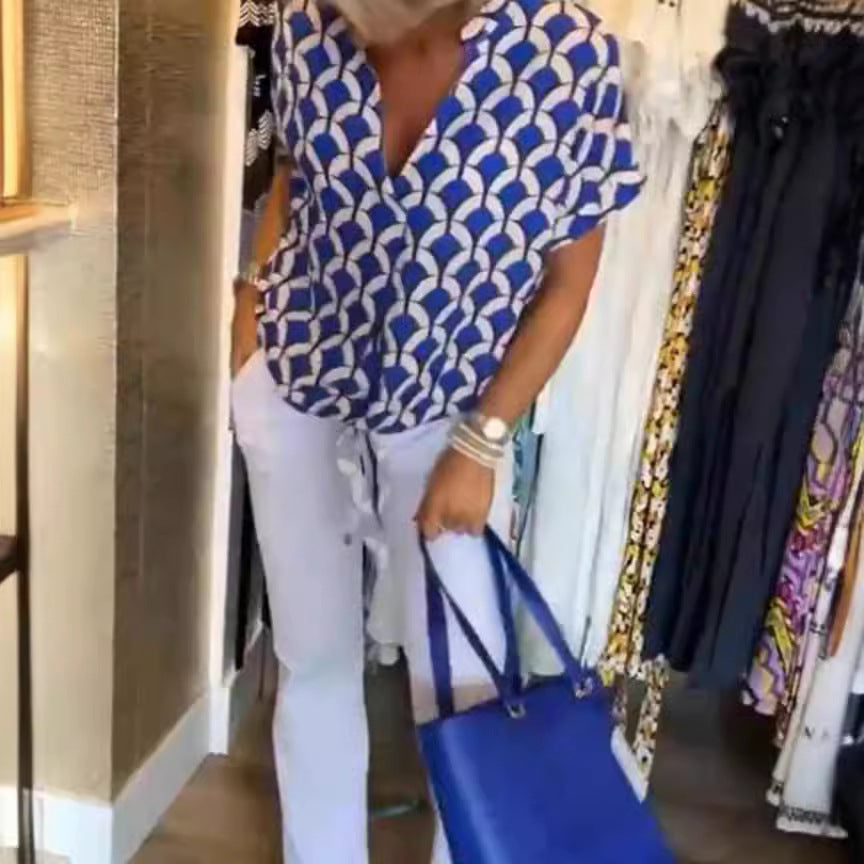 Damen Kurzarm Bluse im modernen Wellenmuster Heidi-Mode