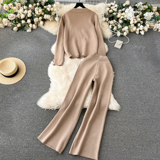 Damen elegantes Strick-Loungewear-Set mit dekorativen Knöpfen und weitem Bein EB