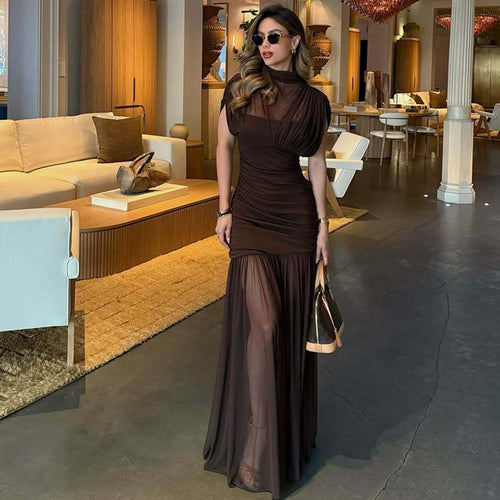 Damen Elegantes Maxikleid mit transparentem Oberteil und figurbetonendem Unterbau EB