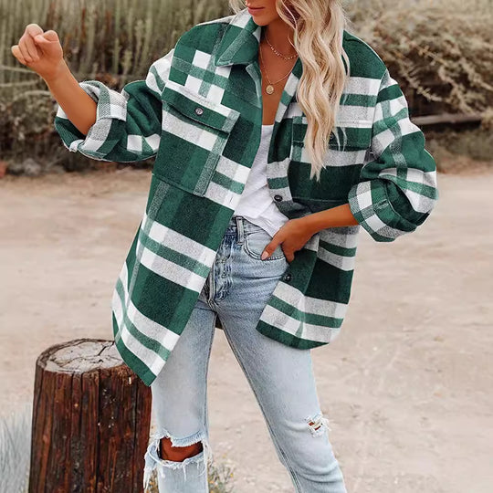 Damen Flanell Overshirt mit kariertem Muster und praktischen Brusttaschen EB