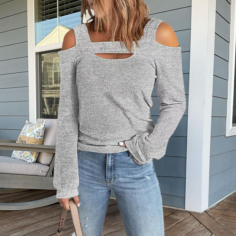 Damen modisches Longsleeve-Top mit Cut-Out-Details und Schulterfreiem Design EB
