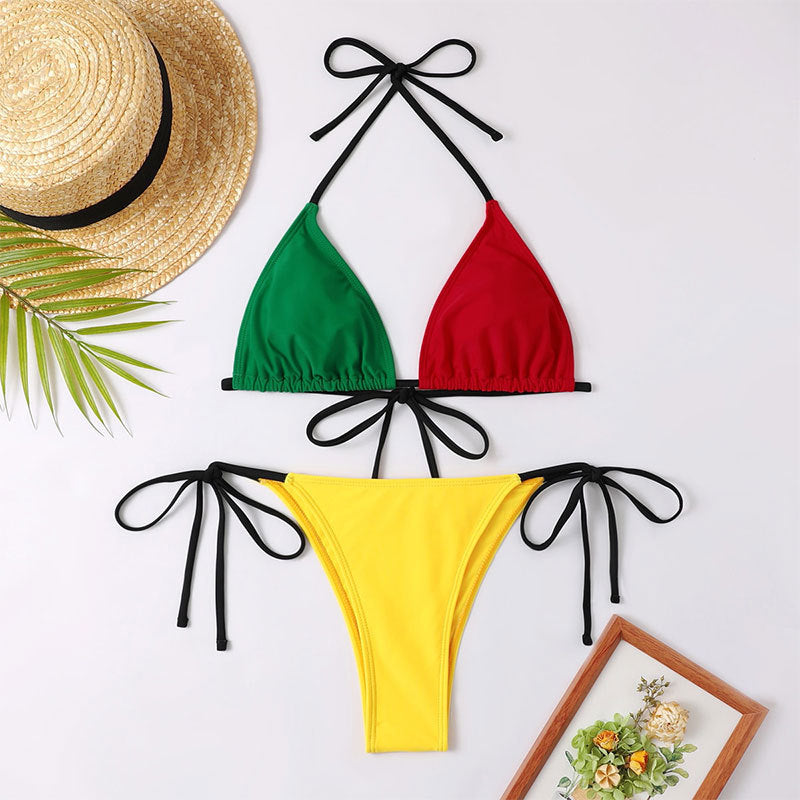 Damen Triangel-Bikini mit kontrastrierenden Farben und verspieltem Bindedesign EB