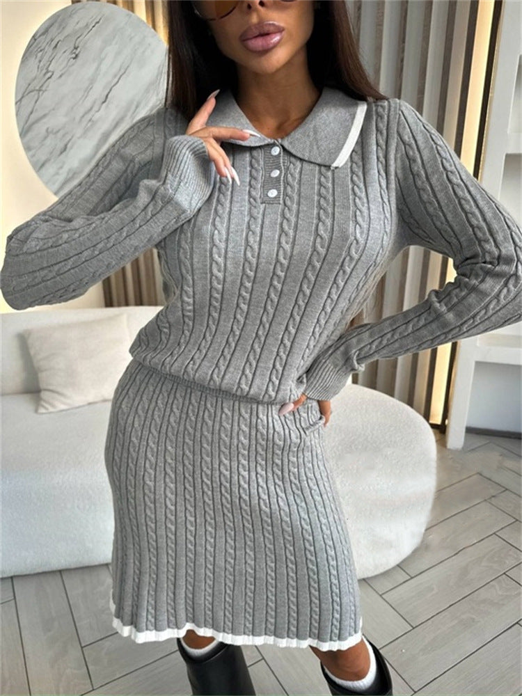 Damen Zweiteiliges Zopfstrick-Kleid mit Taillenbund und Polokragen EB