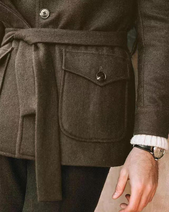 Herren multifunktionale Wool-Jacke mit Gürtel und Taschen EB