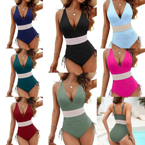 Damen Stylish Einteiler Badeanzug mit verstellbaren Trägern und Zierbund EB
