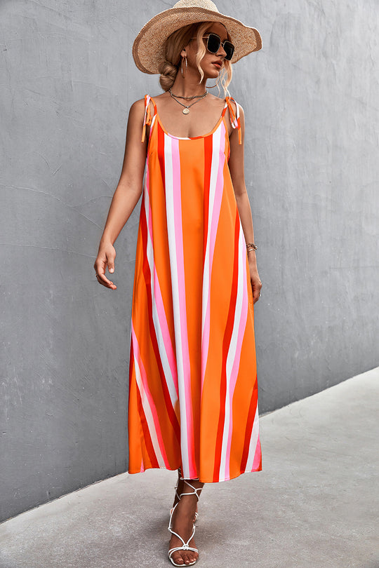 Damen Maxikleid mit modischen Streifen und taillierendem Gürtel EB