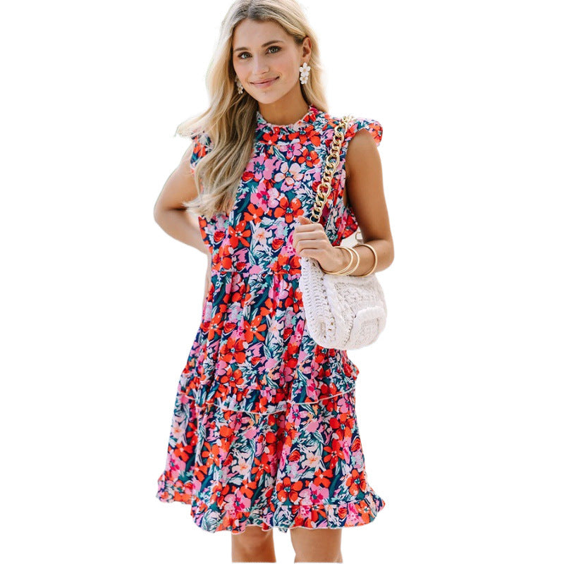 Damen Rüschenshirt Floral Midi Kleid EB