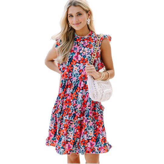 Damen Rüschenshirt Floral Midi Kleid EB